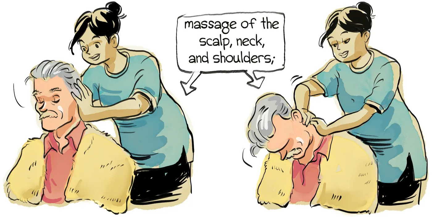 Komik: terapis memijat kepala, leher, dan bahu seorang bapak saat creambath